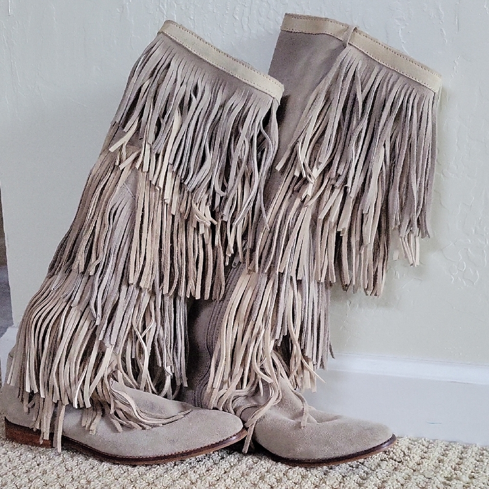 Zara Grey/Tan Fringe Half Calf Boots - Picture 3 of 8